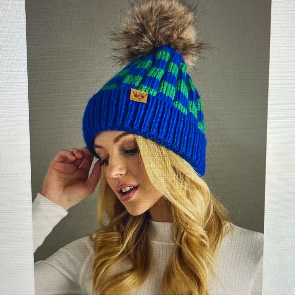 Panache Blue and Green Checkered Knit Beanie with Pom Pom